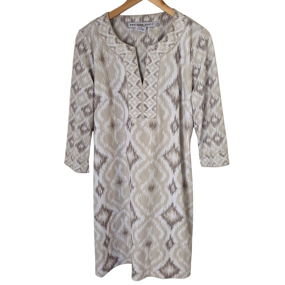 Gretchen Scott Beige White Ikat Diamond Split Neck Shift Dress Womens Large